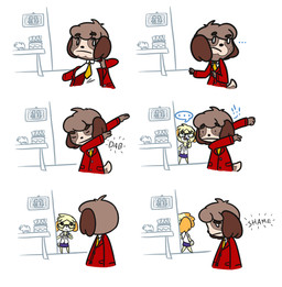 4_fingers anthro arms_bent black_eyes black_nose blonde_hair blue_bottomwear blue_clothing blue_skirt bottomwear brown_eyebrows button_(fastener) clothed clothed_anthro clothed_female clothed_male clothing dabbing dipstick_tail duo ellipsis embarrassed exclamation_point eyebrows eyes_closed eyewear featureless_legs female fingers floppy_ears freckled_face freckles frowning_at_another fully_clothed fully_clothed_anthro fully_clothed_female furniture glasses hair inside looking_at_another lop_ears male markings mouth_closed necktie orange_ears orange_hair piggy_bank plant plant_pot pockets potted_plant pupils rectangular_glasses red_clothing red_suit short_hair skirt speech_bubble standing straight_arms suit surprised table tail tail_markings thinking two_tone_tail walking_away wall_(structure) white_dress_shirt white_pupils white_tail_tip yellow_necktie yellow_tail cookieboy011 animal_crossing nintendo digby_(animal_crossing) isabelle_(animal_crossing) canid canine canis domestic_dog mammal shih_tzu toy_dog 2018 colored comic digital_drawing_(artwork) digital_media_(artwork) english_description meme multiple_scenes shaded simple_shading brother_(lore) brother_and_sister_(lore) sibling_(lore) sister_(lore) twins_(lore)