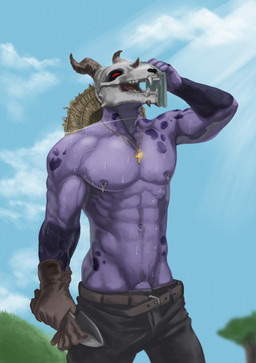 abs anthro barely_visible_genitalia barely_visible_penis belt bodily_fluids bone bottomwear clothing cross cross_necklace genitals gloves handwear hat headgear headwear horn jewelry male muscular muscular_male navel necklace nipple_piercing nipples outside pants pecs penis piercing purple_body red_eyes skull skull_head sky solo standing straw_hat sweat mothfuzzums digital_drawing_(artwork) digital_media_(artwork) hi_res