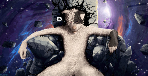 anthro black_spots chair cosmic_background detailed_background furniture lockne_(lockne) male sitting solo space space_background spots throne tongue tongue_out white_body lockne canid canine canis domestic_dog mammal digital_media_(artwork) hi_res pixel_(artwork) shaded