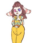 ageplay anthro brown_hair clothed clothing diaper diaper_under_clothing egg female front_view hair heterochromia holding_egg holding_object infantilism open_mouth overalls pink_eyes purple_eyes roleplay solo standing striped_ears teeth white_body yellow_clothing yellow_overalls riddlr portrait three-quarter_portrait