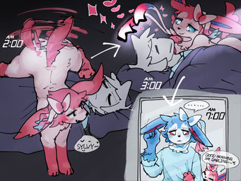 anthro bed blue_body blue_fur clothed clothing dialogue duo feral fur furniture hair human_to_anthro on_bed pink_body pink_fur simple_background sleeping species_transformation tail tail_motion tailwag talking_feral text transformation white_body white_fur netchy_boo nintendo pokemon eeveelution generation_1_pokemon generation_6_pokemon human mammal pokemon_(species) shiny_pokemon sylveon 4:3 hi_res