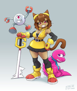 accessory anthro belt boots breasts brown_body brown_hair clothing eyebrows eyelashes eyewear eyewear_on_head female footwear gloves goggles goggles_on_head group hair handwear keyblade machine magenta_eyes male melee_weapon necktie shoes smile trio weapon whiskers wide_hips yellow_sclera jo-vee-al gameoverse glitch_productions kingdom_hearts square_enix gobbles_(gameoverse) kaboodle_(gameoverse) kit_bodega dinosaur domestic_cat felid feline felis mammal prehistoric_species reptile robot scalie 2026 hi_res