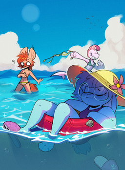 anthro bikini bikini_bottom bikini_top bikini_top_removed blush breasts closed_smile clothed clothing clothing_theft cloud collarbone covering covering_breasts day embarrassed eyebrow_through_hair eyebrows eyelashes eyes_closed eyewear female footwear fur glasses grin group hair hat headgear headwear inflatable inner_tube mouth_closed orange_hair orange_tail outside partially_submerged running sea shoes sky slippers smile stealing sun_hat swimwear tail tan_body tan_fur topless topless_anthro topless_female translucent translucent_hair trio two-piece_swimsuit water wearing_glasses rexyseven koraru_koi rusty_gears whispy_slippers ambient_bird aquatic canid canine fennec_fox fish fox lagomorph leporid mammal rabbit shark true_fox 2025 digital_drawing_(artwork) digital_media_(artwork) english_description hi_res