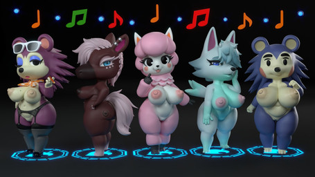anthro areola big_breasts big_butt black_background black_clothing black_eyes black_lingerie black_nose blue_body blue_eyes blue_eyeshadow blue_fur breasts brown_areola brown_nipples butt butt_tattoo clothing dipstick_tail eyelashes eyeshadow eyewear eyewear_on_head feet female front_view fur genitals gloves_(marking) gradient_background green_body green_fur grey_background grey_clothing grey_legwear grey_stockings group hair hand_on_hip head_tuft holding_object holding_pencil hooves leg_markings legwear lingerie looking_at_viewer makeup markings mole_(marking) mole_on_breast musical_note musical_symbol navel nipples nude one_eye_closed pencil_(object) pink_areola pink_body pink_fur pink_hair pink_nipples purple_body purple_fur rosy_cheeks scarf simple_background slightly_chubby socks_(marking) stockings sunglasses sunglasses_on_head symbol tail tail_markings tan_areola tan_body tan_fur tan_nipples tattoo thick_thighs tuft vulva white_body white_fur wide_hips wink winking_at_viewer general_buta animal_crossing nintendo label_able mabel_able reese_(animal_crossing) reneigh_(animal_crossing) whitney_(animal_crossing) alpaca camelid canid canine canis equid equine eulipotyphlan hedgehog horse mammal wolf 16:9 3d_(artwork) digital_media_(artwork) hi_res widescreen