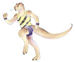 anthro breath claws clothed clothing horn male markings orange_eyes running scales sharp_teeth shirt simple_background solo spots spotted_markings tan_body tan_scales tank_top teeth topwear white_background wristband zhaqez abelisaurid carnotaurus dinosaur prehistoric_species reptile scalie theropod hi_res