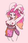 accessory anthro armor asian_clothing breasts chest_tuft clothing east_asian_clothing female floppy_ears hair hair_accessory hair_tie hair_tie_in_mouth highlights_(coloring) japanese_clothing looking_at_viewer mouth_hold navel nipples orange_highlights pink_hair pink_nose raised_arms red_eyes simple_background solo thick_thighs tuft tying_hair reccand gunfire_reborn tao_(gunfire_reborn) lagomorph leporid mammal rabbit absurd_res digital_media_(artwork) hi_res