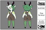 anthro antlers armpit_hair body_hair chest_tuft clothing curled_hair eyebrows female freckles front_view green_body green_eyebrows green_freckles green_hair hair hooves horn inner_ear_fluff multicolored_body multiple_angles overalls overalls_only rear_view small_tail tail tuft white_body white_hair thesummerwitch adventure_time cartoon_network clem_satyr fan_character satyr absurd_res hi_res model_sheet