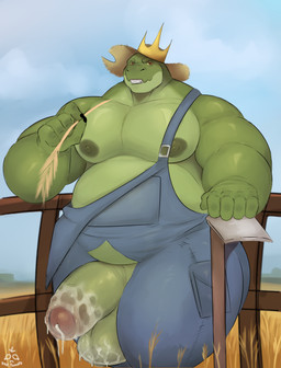 anthro balls belly big_balls big_belly big_penis bodily_fluids clothed clothing crown cum cum_on_balls cum_on_penis erection erection_under_clothing genital_fluids genitals green_balls green_body green_penis headgear huge_balls huge_penis humanoid_genitalia humanoid_penis looking_at_viewer male muscular muscular_anthro muscular_male nipples outside overalls overalls_only overweight overweight_anthro overweight_male penis precum solo wet sad_tomato king_tangu crocodile crocodilian reptile scalie 2026 absurd_res digital_media_(artwork) hi_res