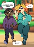 anthro black_eye_(injury) bottomwear bouncing_breasts breast_implants breasts bruised clothing dark_body dark_skin dialogue duo female hoodie jogging jogging_outfit jogging_pants male male/female male_human oblivious outside pants sweatpants text topwear sketchybug animal_crossing nintendo audie_(animal_crossing) willager canid canine canis human mammal wolf english_text hi_res