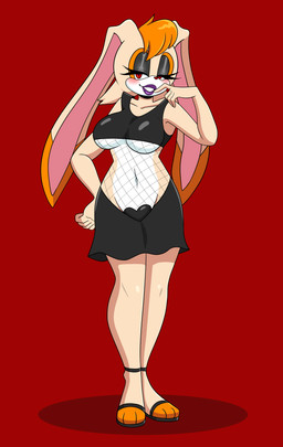 anthro bedroom_eyes belly black_clothing black_dress black_eyeshadow blush breasts clothing countershade_face countershade_fur countershade_torso countershading dipstick_ears dipstick_toes dress ear_markings evil_grin eyeshadow female fishnet_clothing footwear fur hair high_heels lipstick long_ears makeup multicolored_ears narrowed_eyes navel orange_hair purple_lipstick pussy_tape red_background red_eyes seductive shadow shoes short_hair simple_background smile solo tan_body tan_fur tape under_boob white_belly ninotrash sega sonic_the_hedgehog_(series) vanilla_the_rabbit lagomorph leporid mammal rabbit absurd_res hi_res shaded