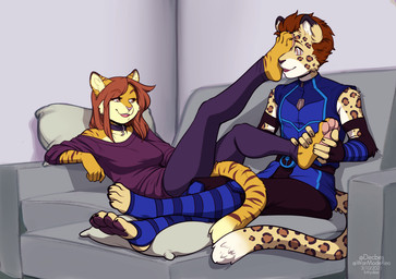 4_toes 5_fingers anthro barefoot breasts brown_hair brown_pawpads claws clothed clothing collar countershading crossed_ankles dominant dominant_female duo feet female fingers foot_fetish foot_on_face foot_play foot_rub footwear fur hair hindpaw humanoid_hands legwear male male/female markings mind_control orange_body orange_fur pawpads paws pillow pink_pawpads smile socks stirrup_legwear stirrup_socks stirrup_stockings stockings striped_body striped_fur striped_markings striped_tail stripes submissive submissive_male tail tail_markings toe_claws toes kittydee ash_(ashkelling) felid leopard mammal pantherine tiger 2021 digital_media_(artwork)