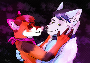 anthro black_nose blue_body blue_fur clothing collar collar_ring duo ear_piercing ear_ring eye_contact fur green_eyes grey_body grey_fur hair hug kerchief looking_at_another male male/male multicolored_body multicolored_fur piercing pink_body pink_ears pink_fur pink_hair pink_kerchief pink_nose purple_background red_body red_fur ring_piercing romantic simple_background smile snout teeth two_tone_body two_tone_fur white_body white_fur nlija doomsmoker miles_fox canid canine fox mammal true_fox absurd_res digital_media_(artwork) hi_res