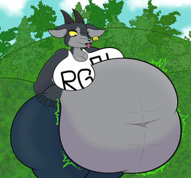after_vore anthro belly belt big_belly big_breasts big_butt black_lips bloated bottomwear breast_expansion breasts butt butt_expansion cleavage clothed clothing cloud crop_top day denim denim_bottomwear denim_clothing detailed_background ear_piercing ear_tag expansion eyelashes female fur grass grey_body grey_fur hands_behind_back horn huge_belly huge_breasts huge_butt huge_thighs hyper hyper_belly jeans lips looking_at_belly looking_at_own_belly motion_lines motion_outline navel one_eye_closed outside pants piercing plant shirt side_butt sky solo text text_on_clothing text_on_shirt text_on_topwear thick_thighs tongue tongue_out topwear tree tremble_spikes vore wink yellow_eyes 9xrenex9 coffee_stain_studios epic_games fortnite goat_simulator pilgor_(goat_simulator) bovid caprine goat mammal 2025 absurd_res hi_res