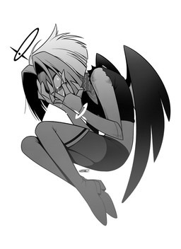 bodily_fluids clothed clothing crying feathered_wings feathers female halo not_furry simple_background solo tears white_background wings enaic31 hazbin_hotel hellaverse lute_(hazbin_hotel) angel angel_humanoid humanoid absurd_res hi_res monochrome