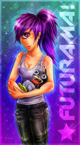 black_bottomwear black_clothing black_pants bottomwear breasts clothing duo female hair lips looking_at_viewer pants purple_hair peregrinejazmin comedy_central futurama nibbler turanga_leela alien cyclops human humanoid mammal nibblonian