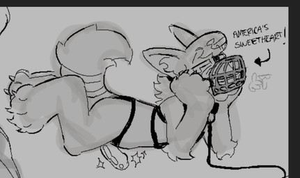 andromorph andromorph_anthro anthro bandage bandaged_tail big_feet black_collar clothed clothed_andromorph clothed_anthro clothing collar feet grey_background hair hand_on_face hand_on_own_face hands_on_own_face intersex intersex_anthro leash lying muzzle_(object) muzzled on_front side_view simple_background solo sparkles strapon tail text wire_basket_muzzle killcuspid canid canine mammal 2023 digital_media_(artwork) english_text greyscale magma_(artwork) monochrome procreate_(artwork) trans_(lore) trans_man_(lore)