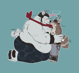 anthro arm_grab armor beanie belly big_belly blush bodily_fluids bottomwear brown_body brown_fur camo camo_bottomwear camo_clothing camo_pants camo_print chain clothed clothing clothing_pull dialogue duo ear_piercing embarrassed eye_patch eyes_closed eyewear fingerless_gloves french_kissing fur furgonomic_hat furgonomic_headwear furgonomics gloves handwear hat headgear headwear helmet kerchief kiss_on_lips kissing kneeling larger_sub licking making_out male male/male male_anthro moobs musclegut muscular neckerchief neckwear nipples overweight overweight_male pants partially_clothed passionate passionate_kiss pattern_bottomwear pattern_clothing pattern_pants paws piercing pointy_ears prick_ears profanity seductive shirtless size_difference speech_bubble submissive submissive_male sweat tail tail_motion tailwag text tongue tongue_out topless topless_anthro topless_male mattinqq epic_games fortnite polar_patroller wendell_(fortnite) bear canid canine canis mammal polar_bear ursine wolf absurd_res english_text hi_res