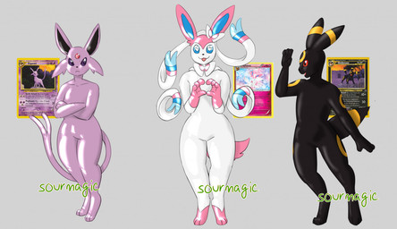 ambiguous_gender anthro clothing gesture glistening glistening_body group grumpy heart_eyes heart_symbol latex latex_clothing latex_skinsuit skinsuit smile suit suiting surprised tight_clothing transformation waving sourmagic nintendo pokemon eeveelution espeon generation_2_pokemon generation_6_pokemon pokemon_(species) sylveon umbreon
