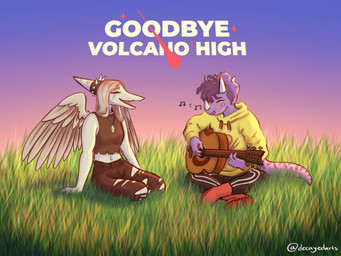 3_horns 5_fingers acoustic_guitar anthro arm_support blue_body blush bone_frill boots bottomwear breasts clothed clothing crop_top crossed_legs curly_hair duo eyes_closed facial_horn feathered_wings feathers female fingers footwear frill_(anatomy) grass grey_body grey_feathers grey_hair guitar hair halter_top hoodie horn jewelry kneeling long_tail midriff multi_horn musical_instrument musical_note musical_symbol navel open_mouth open_smile outside pants pendant plant playing_guitar playing_music plucked_string_instrument purple_body purple_hair shirt shoes singing small_breasts smile snout spiked_hairband spread_wings string_instrument symbol tail text title topwear torn_bottomwear torn_clothing torn_pants wings shroomthefox goodbye_volcano_high ko_op_(game_developer) fang_(gvh) trish_(gvh) ceratopsian ceratopsid chasmosaurine dinosaur marginocephalian ornithischian prehistoric_species pterosaur reptile scalie triceratops 4:3 english_text hi_res nonbinary_(lore)