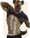 abs anthro beard biceps brown_body brown_fur clothed clothing ear_piercing facial_hair fur green_eyes hair looking_at_viewer male markings muscular muscular_anthro muscular_male navel nipple_piercing nipples open_mouth pecs piercing red_beard red_facial_hair red_hair scar shirt simple_background smile solo spots spotted_body spotted_fur standing t-shirt teeth tongue tongue_out topwear epic_soul kaiden_(epic_soul) hyena mammal spotted_hyena 2018 4:5 digital_drawing_(artwork) digital_media_(artwork) hi_res