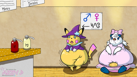 ambiguous_anthro ambiguous_gender anthro belly belly_expansion bivalve_shell bladder_bulge bladder_inflation blue_body blue_eyes bow_(feature) brown_nose clothing counter dipstick_ears dipstick_tail dress ear_markings expansion female female_anthro grey_eyes hand_on_belly hand_on_own_belly head_tuft inflation mage_hat mage_robe markings menu mollusk_shell multicolored_ears omorashi open_mouth pigtails pink_tail_tip potty_dance restaurant rosy_cheeks shaking shell sign tail tail_markings trembling tuft whisker_spots white_body yellow_body pinkoshawott nintendo pokemon azzy_(pinkoshawott) generation_1_pokemon generation_5_pokemon mammal mustelid oshawott otter pikachu pokemon_(species) rodent 16:9 2023 widescreen