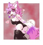 anthro blush bodily_fluids border breasts bunny_costume clothing costume embarrassed female fluffy fluffy_tail fur hair heart_symbol legwear looking_at_viewer outline pink_body pink_fur pink_hair purple_body purple_fur purple_hair side_view solo sweat sweatdrop tail thigh_highs white_body white_border white_fur white_outline katgod101 arlenne_(katgod101) canid canine canis domestic_dog mammal absurd_res hi_res