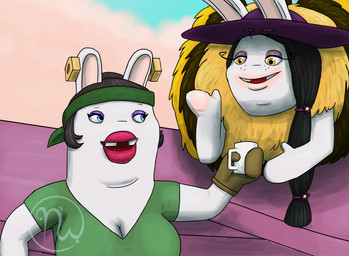 accessory antennae_(anatomy) anthro arms_bent beverage big_breasts black_antennae black_hair blue_eyes blue_sky blue_wings breasts brown_clothing brown_handwear brown_mittens buckteeth cleavage clothed clothed_anthro clothed_female clothing container cup day double_chin duo ear_piercing eye_contact eyelashes female female_anthro freckled_face freckles fur green_clothing green_headband green_shirt green_topwear hair hair_bun hand_pawpads handwear happy hat headband headgear headwear holding_beverage holding_container holding_cup holding_mug holding_object leaning leaning_backward lidded_eyes light lips logo long_ears long_eyelashes long_hair looking_at_another mitten_hands mittens mug multicolored_body multicolored_fur no_eyebrows noseless nut_(hardware) obese obese_anthro obese_female offering_beverage open_mouth open_smile outside overweight overweight_anthro overweight_female pawpads piercing plant ponytail purple_clothing purple_eyelids purple_freckles purple_hair_tie purple_hat purple_headwear purple_sun_hat red_lips red_tongue shirt sky smile smiling_at_another smiling_at_each_other striped_body striped_fur stripes sun_hat sun_hat_only tan_body tan_inner_ear tan_pawpads tan_skin teeth thick_lips thin_eyebrows tongue topwear tree wings yellow_body yellow_eyes yellow_fur yellow_stripes skywater mario_bros mario_plus_rabbids_sparks_of_hope nintendo raving_rabbids rayman_(series) ubisoft bea_(mario_plus_rabbids) momma_(mario_plus_rabbids) arthropod bee bee-rabbid hybrid hymenopteran insect lagomorph mammal rabbid 2026 adobe_photoshop_(artwork) artist_logo colored crossover digital_drawing_(artwork) digital_media_(artwork) english_description hi_res lighting shaded