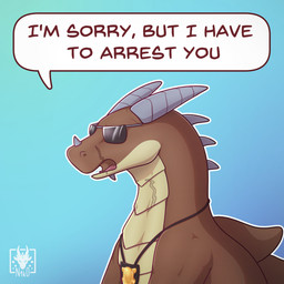 eyewear feral gradient_background male open_mouth scar simple_background solo speech_bubble sunglasses text n1k0 angels_with_scaly_wings mythology bryce_(angels_with_scaly_wings) dragon mythological_creature mythological_scalie scalie wingless_dragon english_text hi_res