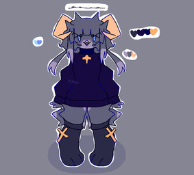 anthro black_clothing black_footwear black_socks blue_clothing blue_eyes blue_shirt blue_t-shirt blue_topwear clothing cross female fluffy fluffy_tail footwear grey_body grey_hair hair heart_symbol horn open_mouth shirt socks solo t-shirt tail topwear kanashi avian bird character_request