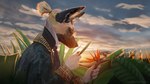 5_fingers africa anthro aristocrat claws clothed clothing cloud ears_up eyewear fingers flower fur glasses gold_(metal) grass hair jacket male mouth_closed plant ponytail science sky skyscape solo sun sunset topwear tree arctil-noddedur nomax_(character) african_wild_dog canid canine mammal absurd_res hi_res