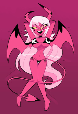 big_breasts bikini bikini_bottom bikini_top breasts clothing fangs female hair horn long_hair looking_at_viewer lying on_back open_mouth pink_body pink_eyes pose red_background side-tie_bikini simple_background smile solo spade_tail string_bikini swimwear tail teeth two-piece_swimsuit white_hair wings yellow_sclera miscon hellaverse helluva_boss verosika_mayday demon demon_humanoid humanoid mammal succubus 2024 absurd_res hi_res pinup
