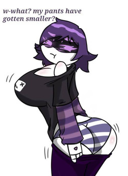 armwear big_breasts blush bottomwear bottomwear_pull breasts bubble_butt butt clothing clothing_pull detached_sleeves female hair hand_on_butt machine motion_lines panties pants pants_pull pattern_bottomwear pattern_clothing pattern_panties pattern_underwear purple_clothing purple_eyes purple_hair purple_panties purple_underwear shirt simple_background solo striped_bottomwear striped_clothing striped_panties striped_underwear stripes t-shirt text topwear underwear wedgie white_background white_body pace-maker glitch_productions murder_drones uzi_(murder_drones) humanoid robot robot_humanoid english_text