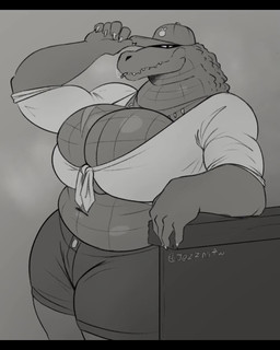 anthro big_breasts bottomwear bouncing_breasts breasts cigarette cigarette_in_mouth clothed clothing curvy_figure female female_anthro grey_background hat headgear headwear hotpants huge_breasts looking_at_viewer mouth_closed navel non-mammal_breasts non-mammal_navel object_in_mouth overweight overweight_anthro overweight_female shorts simple_background solo standing thick_thighs tight_clothing tight_topwear topwear voluptuous wide_hips jezzlen amelia_(doctordj) crocodile crocodilian reptile scalie 4:5 animated hi_res monochrome no_sound short_playtime sketch video