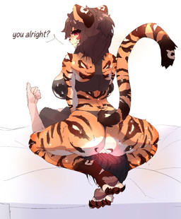 anthro big_breasts blush bodily_fluids breasts butt duo facesitting female female_facesitting_male human_on_anthro interspecies male male/female simple_background sitting_on_another speech_bubble sweat text white_background taigazkr torao_(taigazkr) felid human mammal pantherine tiger 2023 english_text hi_res