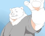 anthro blue_background clothing eyes_closed humanoid_hands kemono male overweight overweight_male shirt simple_background solo topwear inunoshippo bear mammal 2022 5:4 hi_res