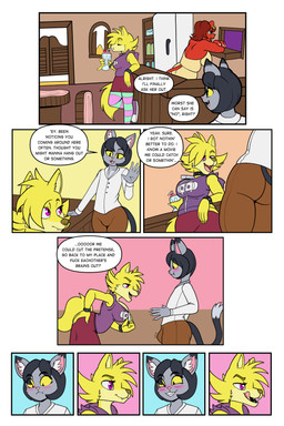 anthro bar blush container cup dialogue drinking_glass drinking_straw female fur glass glass_container glass_cup imminent_sex male profanity propositioning purple_eyes soliciting text yellow_body yellow_fur fourssss ellie_the_wolf canid canine canis domestic_cat felid feline felis mammal wolf 2:3 absurd_res comic english_text hi_res