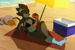 anthro beach belly bikini burger clothing eating eating_food female food generation_4_pokemon hi_res luxray nintendo nootkep pokemon pokemon_(species) solo swimwear two-piece_swimsuit