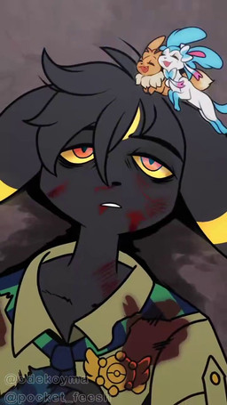 badge bed black_body blood blue_eyes bodily_fluids clenched_teeth corpse dead_eyes defeated dizzy dream duo eyes_closed furniture furniture_lamp holding_arm lying male nightstand pillow red_eyes rug sweat sweatdrop teeth wide_eyed yellow_sclera odeko-yma nintendo pokemon pokemon_mystery_dungeon spike_chunsoft lucky_(odeko-yma) pix_(odeko-yma) eevee eeveelution generation_1_pokemon generation_2_pokemon generation_6_pokemon pokemon_(species) shiny_pokemon sylveon umbreon 9:16 animated digital_media_(artwork) hi_res short_playtime signature sound video