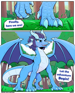 blue_body blue_eyes claws dialogue female female_feral feral hair horn mane membrane_(anatomy) membranous_wings multicolored_body outside solo standing tail text tongue wings bnbigus dragon_tooth_sanctuary mythology dracaena_(bnbigus) dragon mythological_creature mythological_scalie scalie 2026 4:5 absurd_res artist_name colored comic digital_drawing_(artwork) digital_media_(artwork) english_text hi_res signature