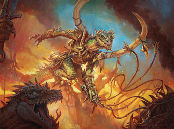 anthro crouching duo fire forked_tongue green_body green_scales holding_melee_weapon holding_object holding_sword holding_weapon holding_whip horn male melee_weapon rock scales sharp_teeth smile sword tail teeth tongue weapon whip caio_monteiro hasbro magic:_the_gathering wizards_of_the_coast scalie viashino hi_res official_art