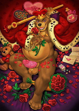 accessory animal_genitalia animal_penis anthro balls bed belly big_belly big_penis bottomless brown_body candy chocolate clothed clothing crown dessert envelope erection flower food fur furniture genitals headgear heart_symbol holding_object jewelry king locket looking_at_viewer lying lying_on_bed male nude on_back on_bed open_mouth overweight overweight_male paws penis pillow plant plushie robe rose_(flower) royalty smile solo staff tail thick_thighs topwear unknown_artist bad_dragon valentino_the_king_of_hearts bear brown_bear grizzly_bear mammal ursine hi_res official_art