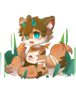 2_horns 3_toes 4_fingers anthro bandage bandaged_arm bandaged_tail blue_horn blush blush_lines body_blush bottomwear brown_bottomwear brown_clothing brown_hair brown_markings brown_shorts cheek_tuft chibi clothing countershading facial_tuft feet finger_on_chin fingers fur fur_markings hair hand_on_leg hand_on_thigh horn inner_ear_fluff kemono kerchief looking_at_viewer male markings multicolored_tail navel neckerchief neckwear orange_body orange_fur pawpads pink_pawpads shorts simple_background solo tail toes tuft two_tone_face two_tone_legs white_inner_ear_fluff yellow_kerchief yellow_neckerchief young young_anthro cuihongshi canid canine fox mammal 2021 digital_media_(artwork) hi_res