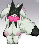 anthro areola big_breasts biped blush breasts female fur green_body green_fur heart_symbol looking_at_viewer multicolored_body nipples paws pink_areola pink_body pink_nipples pupils red_eyes simple_background solo tongue tongue_out sususuigi nintendo pokemon generation_9_pokemon meowscarada pokemon_(species) hi_res