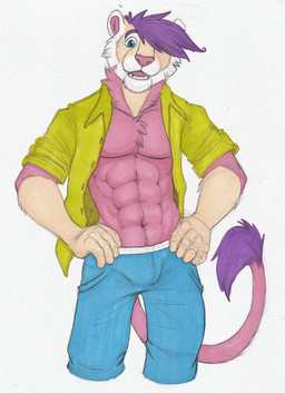 abs anthro blue_bottomwear blue_clothing blue_pants bottomwear bulge cheek_tuft clothed clothing facial_tuft fangs front_view fur gloves_(marking) hair hand_on_hip looking_at_viewer male male_anthro markings muscular muscular_anthro muscular_male open_clothing open_mouth open_topwear pants pecs pink_body pink_fur purple_hair simple_background solo tail tail_tuft tan_body tan_fur teal_eyes teeth topwear tuft white_background hufnaar felid lion mammal pantherine hi_res painting_(artwork) portrait three-quarter_portrait traditional_media_(artwork) traditional_painting_(artwork)