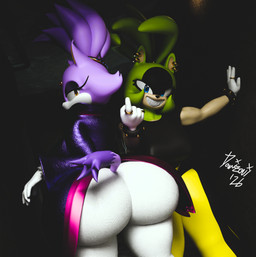 anthro big_breasts big_butt blue_eyes bottomwear breasts butt clothing duo ear_piercing female female_focus gesture gloves green_body grin hand_gesture handwear huge_butt jewelry leggings legwear looking_at_viewer looking_back looking_back_at_viewer pants piercing purple_body ring_(jewelry) sharp_teeth shirt smile tank_top teeth thick_thighs topwear wide_hips yellow_eyes domizoni coel3d_(modeler) idw_publishing sega sonic_the_hedgehog_(comics) sonic_the_hedgehog_(idw) sonic_the_hedgehog_(series) blaze_the_cat surge_the_tenrec afrosoricid domestic_cat felid feline felis mammal tenrec 2026 3d_(artwork) blender_(artwork) blender_cycles_(artwork) digital_media_(artwork) hi_res