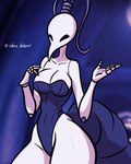 antennae_(anatomy) anthro arthropod_abdomen big_breasts black_eyes blush breasts clothing female simple_background solo tail thick_thighs wide_hips shen_hokori hollow_knight team_cherry iselda_(hollow_knight) arthropod insect digital_media_(artwork) hi_res