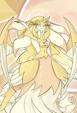 angelic anthro aureola blonde_hair blue_eyes breasts eyelashes feathered_wings feathers featureless_breasts female fingers gold_halo hair halo hand_on_chest heart_symbol heaven long_eyelashes looking_at_viewer medium_breasts multi_wing nails narrowed_eyes non-mammal_breasts pseudo_clothing pseudo_hair scroll sleeves smile smiling_at_viewer solo text wings yellow_body yellow_feathers snoutless hazbin_hotel hellaverse speaker_of_god_(hazbin_hotel) angel avian 2025 absurd_res artist_name digital_drawing_(artwork) digital_media_(artwork) hi_res