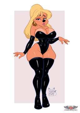 anthro areola areola_slip armwear big_breasts black_clothing black_eyebrows black_legwear black_leotard black_nose black_thigh_highs blonde_hair breasts clothing detached_sleeves ear_piercing ear_ring eyebrows female glistening_leotard hair half-closed_eyes highleg highleg_leotard humanoid_lips latex latex_armwear latex_clothing latex_legwear latex_stockings latex_thigh_highs legwear leotard lips long_hair looking_at_viewer narrowed_eyes piercing pink_lips ring_piercing simple_background smile solo standing stockings strapless_clothing strapless_leotard suntan tan_line text thigh_highs dimidotfurr phillipthe2 disney goof_troop lisa_(goof_troop) canid canine canis domestic_dog mammal 2026 digital_media_(artwork) hi_res story story_in_description url