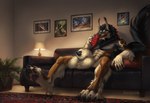 anthro balls big_balls big_penis claws clothing eyewear furniture genitals glasses hyper hyper_genitalia male on_sofa penis sitting sitting_on_sofa sniffing sniffing_clothes sofa solo wearing_glasses belgefor bayzan canid canine canis domestic_dog herding_dog mammal pastoral_dog sheepdog wolf absurd_res hi_res