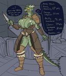 anthro armor big_breasts blush bodily_fluids breast_expansion breasts dagger expansion female genital_fluids genitals green_body green_nipples green_scales holding_dagger holding_melee_weapon holding_object holding_weapon huge_breasts lactating melee_weapon nipples non-mammal_breasts non-mammal_lactation non-mammal_nipples pussy scales solo stats sweat tail text unconvincing_armor vaginal_fluids weapon yellow_eyes chorsinnell39 bethesda_game_studios microsoft skyrim the_elder_scrolls deeja argonian scalie english_text hi_res